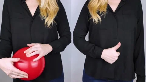 Before and after. In one half of the picture, the woman clasped her swollen bell Stock Footage 145588280