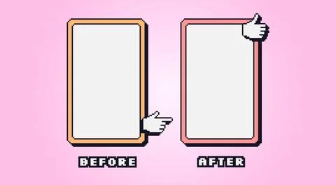 Before and after pixel game template. Rectangle frames for photo comparison. 스톡 일러스트