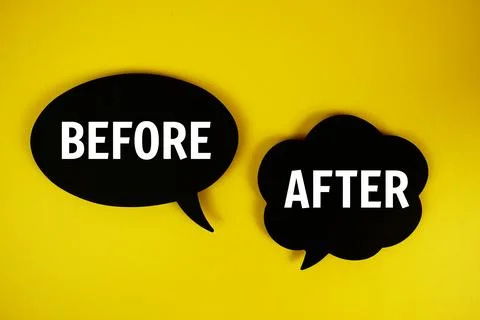 Before And After text on speech bubble top view on yellow background Stock Photos