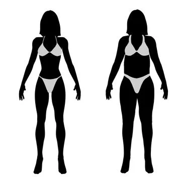 Before and after weight loss silhouette. An overweight girl stands in front of Stock Illustration
