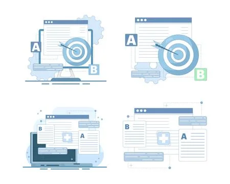 A and B testing and app development set featuring user feedback, bug fixing. 스톡 일러스트