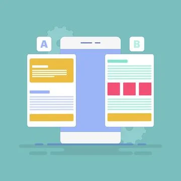 A and B testing concept. AB testing on wireframe campaigns on device screens. Stock Illustration