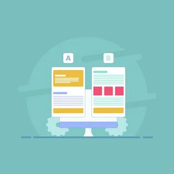 A and B testing concept. AB testing on wireframe campaigns on device screens. Illustrazione stock