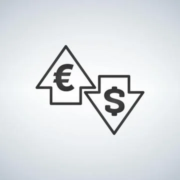 Up and Down arrows with dollar and euro sign in flat icon design on white bac Stock Illustration