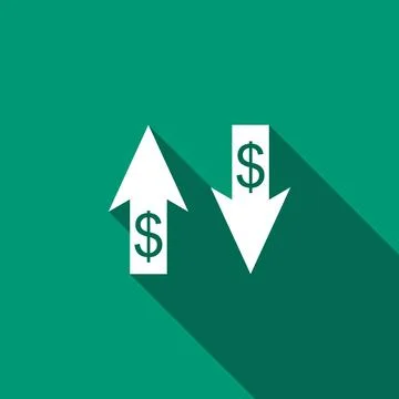 Up and Down arrows with dollar symbol icon isolated with long shadow. Business Stock Illustration