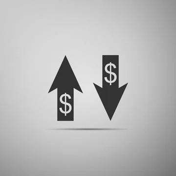 Up and Down arrows with dollar symbol icon isolated on grey background. Business Stock Illustration