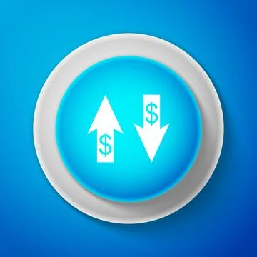 Up and Down arrows with dollar symbol icon isolated on blue background. Business Stock Illustration