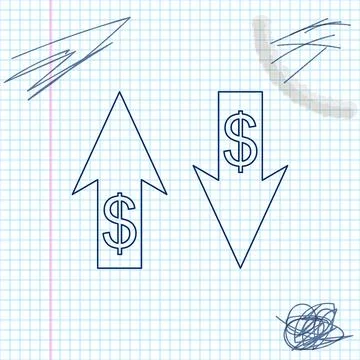 Up and Down arrows with dollar symbol line sketch icon isolated on white Stock Illustration