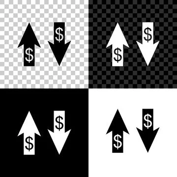 Up and Down arrows with dollar symbol icon isolated on black, white and Stock Illustration