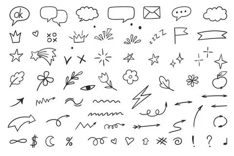 And drawn doodle elements set. Arrows, speech bubbles, stars and decorative.. Stock Illustration