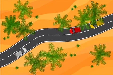 And empty desert and palms road aerial view vector illustration Stock Illustration