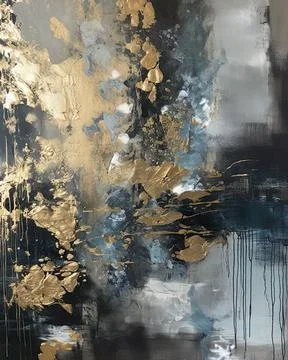 And eye-catching artwork features a large, black, gold and white canvas painting Stock Illustration