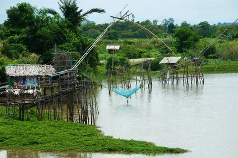 And fish traps in the river Stock-Fotos