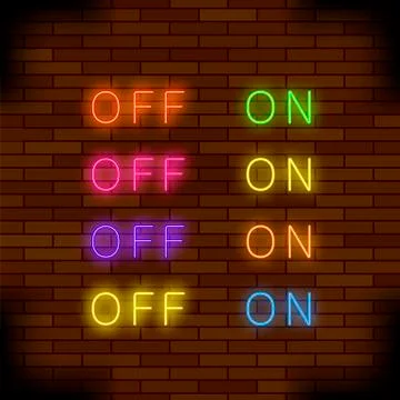 On and Off Lamp Neon Light Toggle Switch Sign. Colorful Fluorescent Buttons Stock Illustration