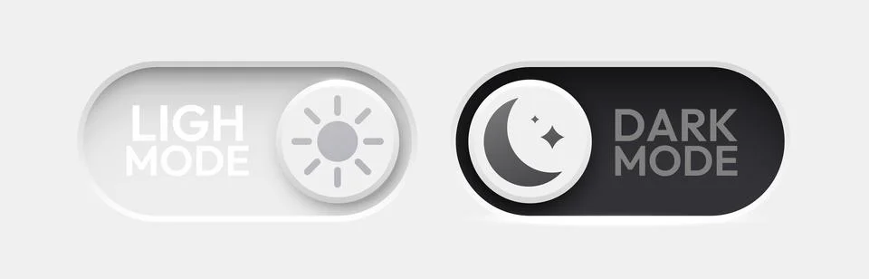 On and Off toggle switch buttons. Dark mode and light mode. Material design Stock Illustration