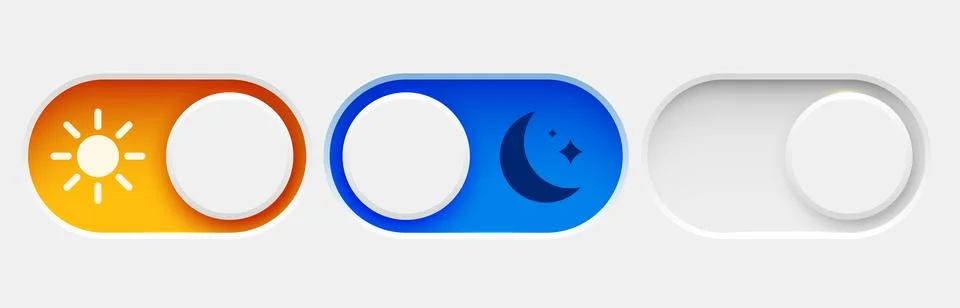 On and Off toggle switch buttons. Dark mode and light mode. Material design Stock Illustration