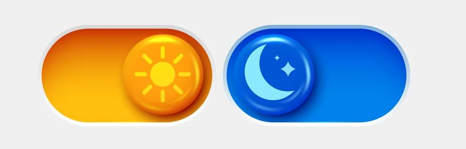 On and Off toggle switch buttons. Dark mode and light mode. Material design Stock Illustration