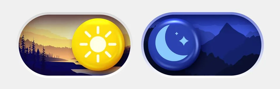 On and Off toggle switch buttons. Dark mode and light mode. Material design Stock Illustration