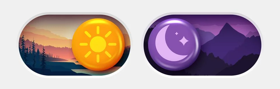 On and Off toggle switch buttons. Dark mode and light mode. Material design Illustrazione stock