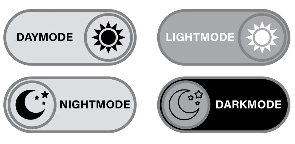 On and Off toggle switch buttons. Light and Dark Buttons. Day and night mode 스톡 일러스트