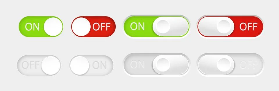 On and Off toggle switch buttons. Material design switch buttons set. Vector Stock Illustration