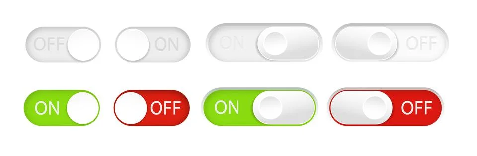On and Off toggle switch buttons. Material design switch buttons set. Vector Stock Illustration