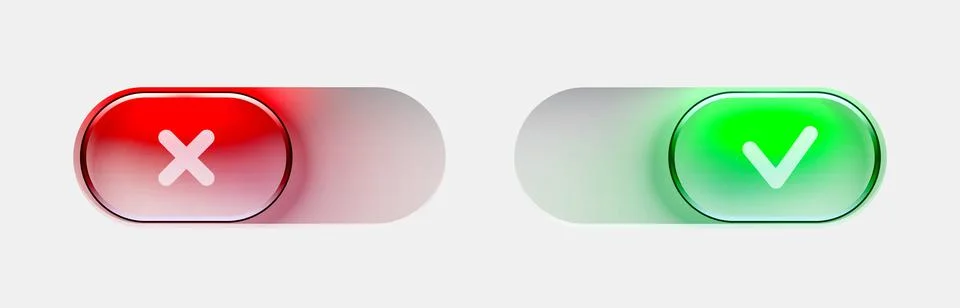 On and Off toggle switch buttons. Modern liquid glass button set. Material Illustrazione stock