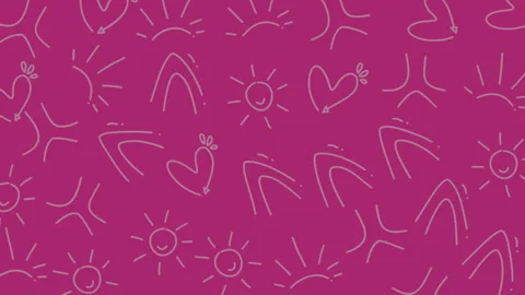 And vibrant pattern with hearts, suns, and mountain shapes on a magenta backgrou Stock Footage 325605825