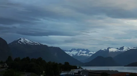 Andalsnes Fjord Skyline Time lapse Aerial View, Romsdalsfjord, Rauma, Norway Stock Footage