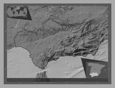 Andalucia, Spain. Bilevel elevation map with lakes and rivers Stock Illustration