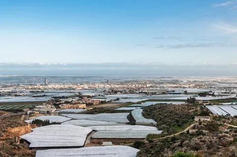 Andalusian plain featuring extensive plastic greenhouses cultivation Stock Photos