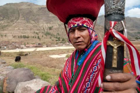 Andean leader with command baton peru Stock Photos