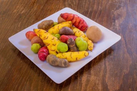 Andean Potatoes Varieties - plate Stock Photos