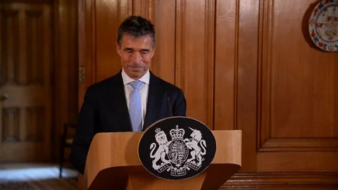 Anders Fogh Rasmussen and British P.M. David Cameron interact with media - 2014 Stock Footage 101178203