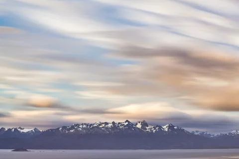 Andes Mountain Range in Chile seen from Ushuaia, the southern most city in the Stock Photos