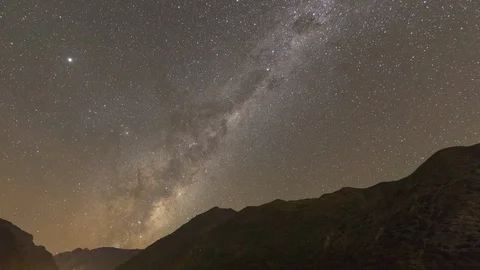 Andes Mountains Galactic Core Rise awe milky way rising inside valleys night sky Video stock 104620210