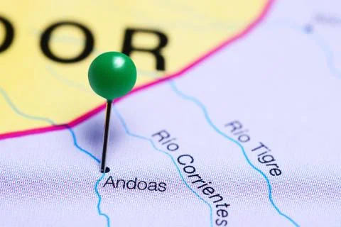 Andoas pinned on a map of Peru Stock Photos