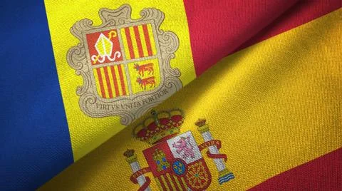 Andorra and Spain two flags textile cloth, fabric texture Stock Illustration