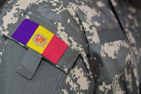 Andorra army uniform patch flag on soldiers arm. Military Concept Stock Illustration
