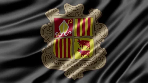 Andorra coat of arms centered on elegant dark waving fabric background Stock-Footage 343535103