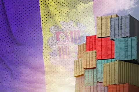 Andorra flag and big stack of shipping cargo containers in docks with sky イラスト素材