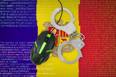 Andorra flag  and handcuffed computer mouse. Combating computer crime, hacker Stock-Fotos