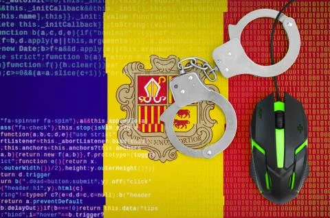 Andorra flag  and handcuffed computer mouse. Combating computer crime, hacker Stock-Fotos