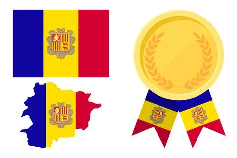Andorra flag with map and gold medal in set for web and banners or app and .. Stock Illustration