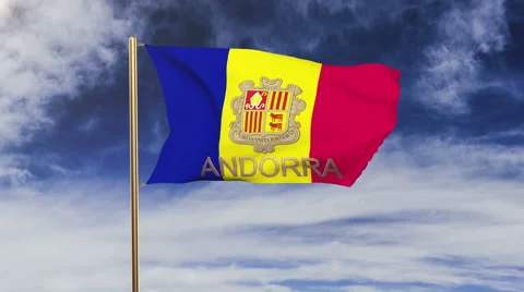 Andorra flag with title waving in the wind. Looping sun rises style.  Animation Vídeos de archivo 47881477