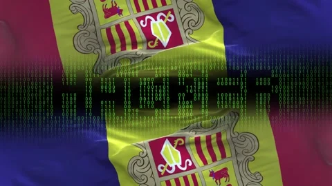 Andorra flag - Waving flag on matrix binary code background Stock Footage 321419448