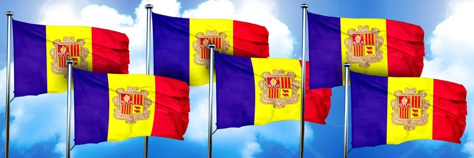 Andorra flags, 3D rendering, on a cloud background Illustrazione stock