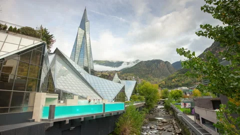 Andorra la vella spa complex exterior riverside panorama 4k timelapse andorra Stock Footage 244272242