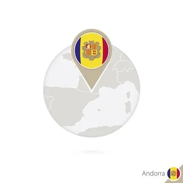 Andorra map and flag in circle. Map of Andorra, Andorra flag pin. Map of An.. Stock Illustration