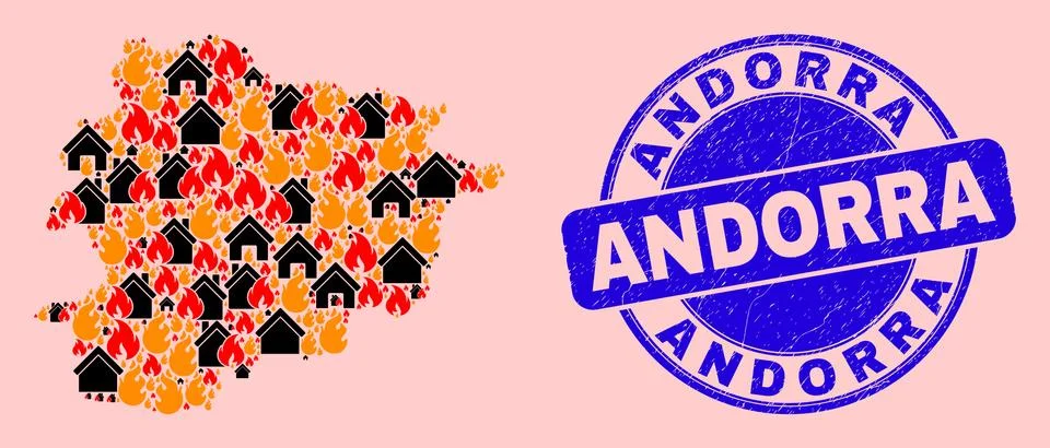 Andorra Map Composition of Fire and Buildings and Grunge Andorra Stamp Ilustración de archivo